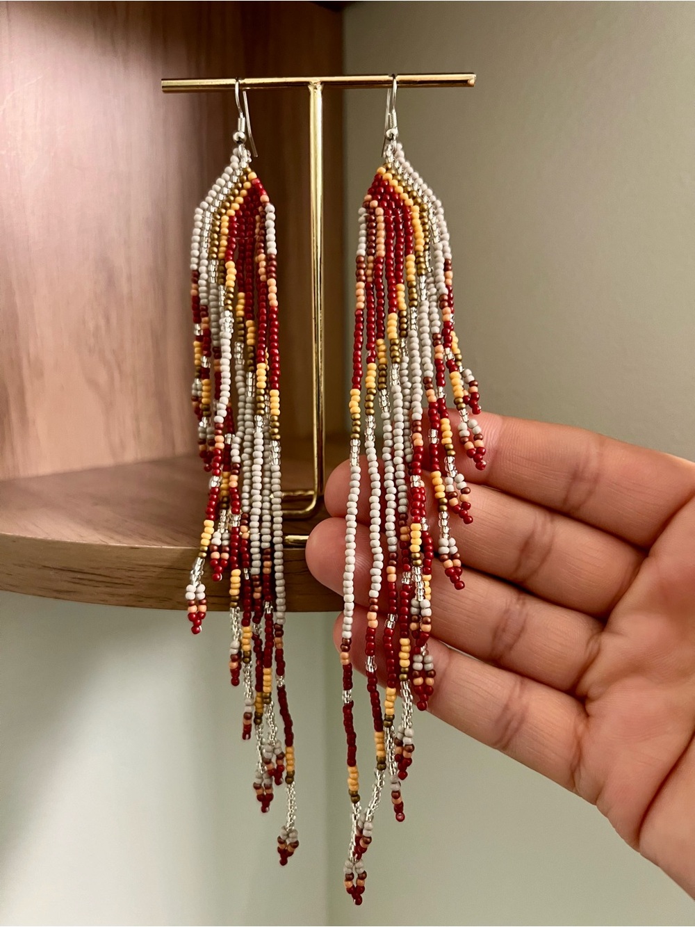 Autumn Waterfall Red, White & Gold Beaded Earrings